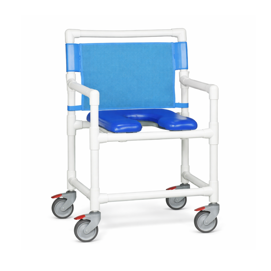 The IPU Open Front Soft Seat Rolling PVC Shower Chair offers heavy-duty comfort with white PVC pipes, a blue fabric backrest, padded seat, armrests, and four gray wheels with red locks for safe support and easy mobility while bathing.